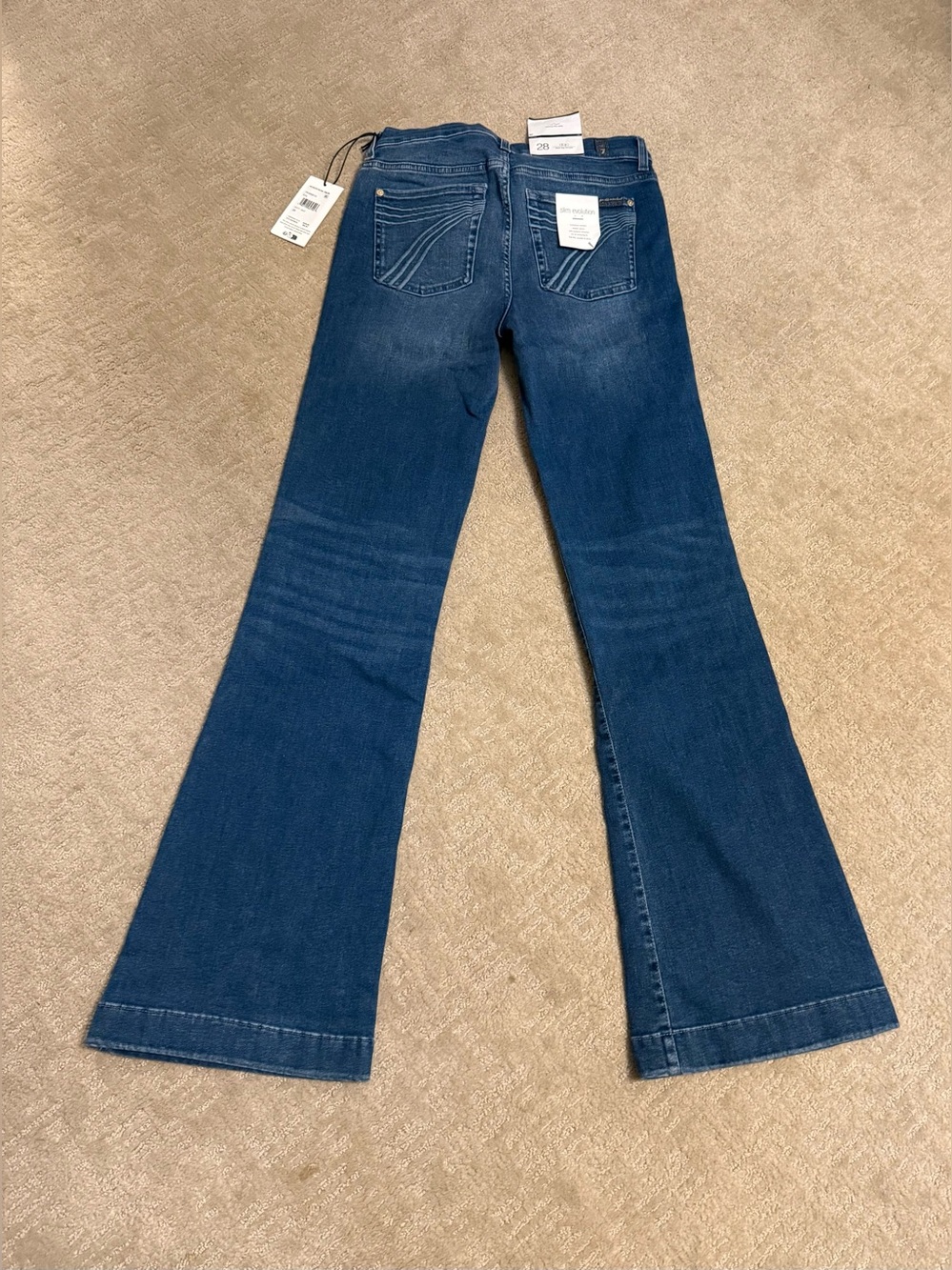 Seven7 Women's Dark Blue Flare Jeans - Back Pocket Stitch Detail